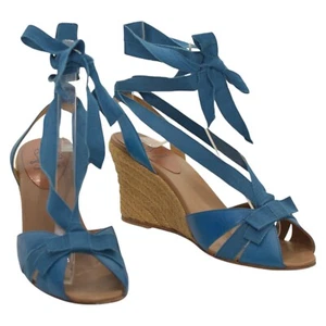 Christian Louboutin Blue Leather Fabric Ankle Tie Up Espadrille Wedge Sandals 9 - Picture 1 of 10
