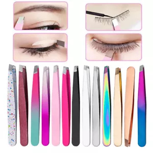 Professional Eyebrow Tweezers Slant Flat Tip Precision Hair Tweezer Men Women - Picture 1 of 25