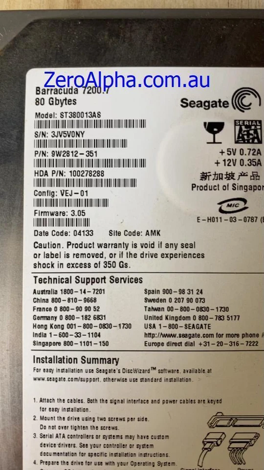 ST380013AS, ST380013AS, 3.05, AMK, 3JV5 Seagate Data Recovery Donor Hard Drive - Image 1 of 1
