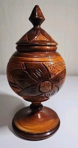 Vintage Hand Carved Wooden Jar With Lid Floral. - Picture 1 of 18
