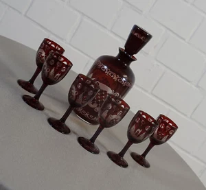 Kristall Bar Set Likörset Karaffe 6 Gläser 8 teilig mit Schliff 30er J. Böhmen - Imagen 1 de 9