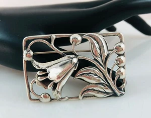 Vintage Signed Danecraft Sterling Silver Trumpet Lily Flower Leaves Pin Brooch - Picture 1 of 5