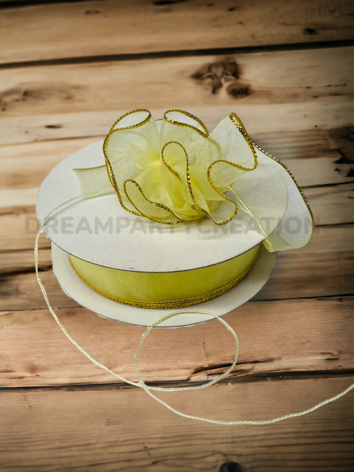 7/8" (MAIZE YELLOW) Organza PULL RUFFLED BOW Ribbon GOLD Edge on one side 25 Yds - Image 1 of 1