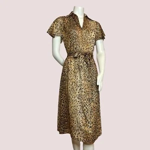 Abito vintage trasparente stampa leopardata maniche svolazzanti animali giungla anni 80 colletto midi - Foto 1 di 13