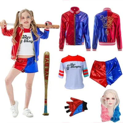 Kids Harley Quinn Costume Cosplay Halloween Jacket Shorts Outfit & Baseball Bat - image 1 of 4