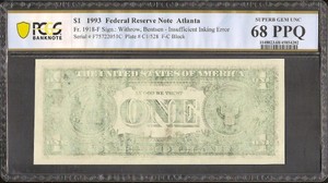 Superb Gem 1993 $1 Dollar Insufficient Inking Error Note Paper Money Pcgs 68 Ppq