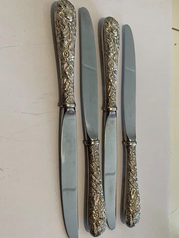 4 Sterling Silver Kirk Stieff Repousse Rose 9” Dinner Knives CLEAN Cover