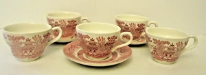 Churchill Red Pink Rose Willow 5 Cups and 3 Saucers Made in England - Picture 1 of 16