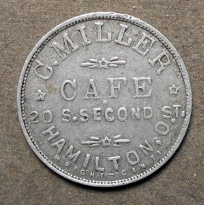Hamilton, O., C. Miller Café, 20 S. Second St.   Good For 5 Cents In Trade. Alu - Picture 1 of 2