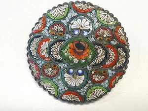 LARGE Round Micro Mosaic Millefiori POPPY Flower Italian Pin Brooch ITALY 1 5/8" - Picture 1 of 3