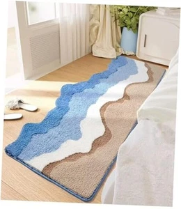 Blue Ocean Wave Bath Mat Cute Navy Blue Runner Rug Non Slip Washable Bathroom - Picture 1 of 8