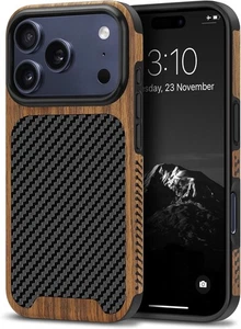 TENDLIN Compatible with iPhone 17 Pro Max Case Wood Grain with Carbon Fiber Text - Picture 1 of 7