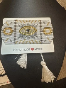 Cuff Bracelet Hamsa Hand Evil Eye 1.6"Wide WHITE Seed Beaded Bugle God Religious - Picture 1 of 5