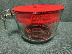 Taza medidora de vidrio transparente Pyrex 8 tazas con tapa roja mango de 64 oz ¡COMO NUEVA! - Imagen 1 de 5