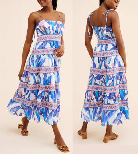 OFF WHITE Abito midi Farm Rio bianco sporco blu fogliame cotone spalline perline nappe XL $248