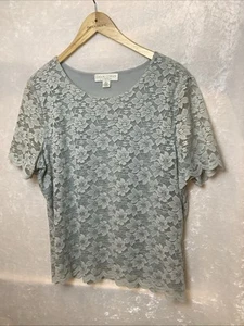 Casual Corner Women’s XL Blue Lace Floral Stretch Short Sleeve Blouse - Picture 1 of 8