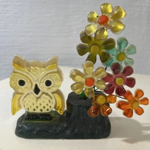 Vintage Lucite Eule und Blumen auf grünem Baumstumpf MCM Retro 1960 6"X 6" - Bild 1 von 7