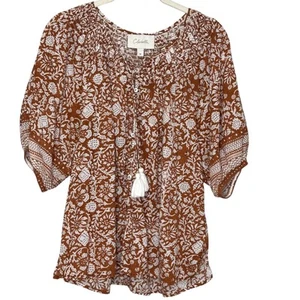 Cleobella Bluse Damen mittelbraun weiß Boho Blumenmuster Bio Baumwolle Oberteil - Bild 1 von 7