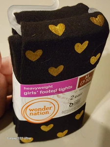 Girls Footed Heavy weight Cotton Tights - 2 Pairs Black/Black gold hearts (F8) - Picture 1 of 5