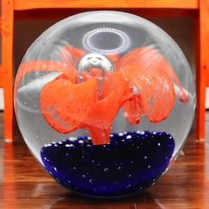 Vtg Orange Flower Blue Base Art Glass Paperweight Hand Blown Center Bubble 2lbs - Picture 1 of 5