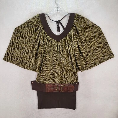 Blusa túnica Y2K marrón tejida cebra para mujer Top cuello en V cinturón manga kimono talla L Foto 1 de 4