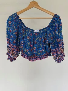 Boho Blue Floral Crop Top with Puff Sleeve, Size 10 - Picture 1 of 3