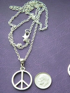PEACE Charm Necklace LOVE Logo 1" Tibet Silver Charm 22" Silver Plated Chain NEW - Picture 1 of 7
