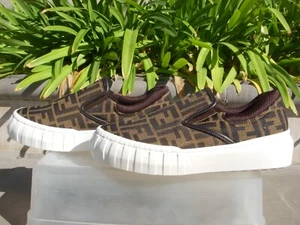 Fendi Tessuto Jacquard FF Napa Tabacco Nero Uni Youth Size 37 Insole 9 1/4 Long - Picture 1 of 21