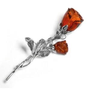 Romantic English Rose Flower Brooch Pin 925 Sterling Silver Baltic Amber - Picture 1 of 7