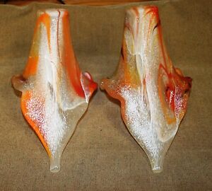 SIGNED PAIR OF HAND BLOWN GLASS LAMP SHADES ORANGE-MULTICOLOR