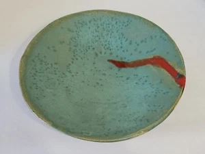 Art Pottery Bowl Signed Glazed Stoneware Blue with Red/Copper Hand Thrown-Signed - Picture 1 of 9