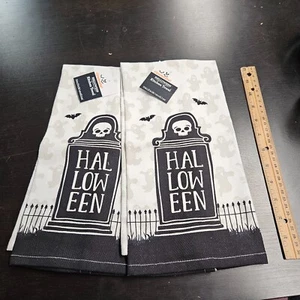 Set - 2 Halloween GRABSTEIN Küchentücher schwarz weiß Polyester Dekoration - Bild 1 von 2