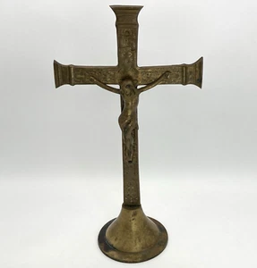 Crucifijo antiguo de latón de pie Jesús en la cruz religioso católico 11,5" - Imagen 1 de 11