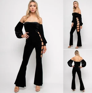 A3 design Off the Shoulder CUT-OUT SIDE Flare leg Velvet JUMPSUIT, USA, S,M,L - Picture 1 of 4