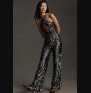 New women's 10 Maeve x Anthropologie sequin cut-out halter wide-leg jumpsuit - Picture 1 of 15