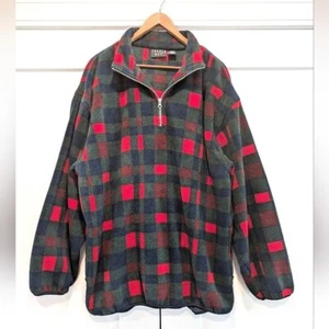 TRADER BAY Men's Red and Green Plaid Fleece Quarter Zip Jacket - Picture 1 of 10
