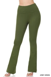 ZENANA Premium Cotton Fold Over Waist Army Green, Wide Yoga Flare Pants Size XL - Picture 1 of 4