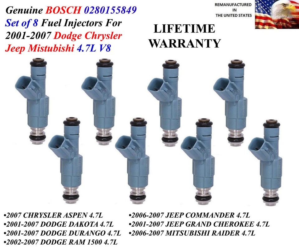 Set of 8 OEM Bosch Fuel Injectors For 2001-2007 Jeep Grand Cherokee 4.7L V8 - Image 1 of 1