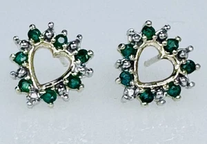 Smaragd und Diamant Ohrringe 10K Gelb & Weißgold Herz Ohrringe, Ohrstecker - Bild 1 von 7