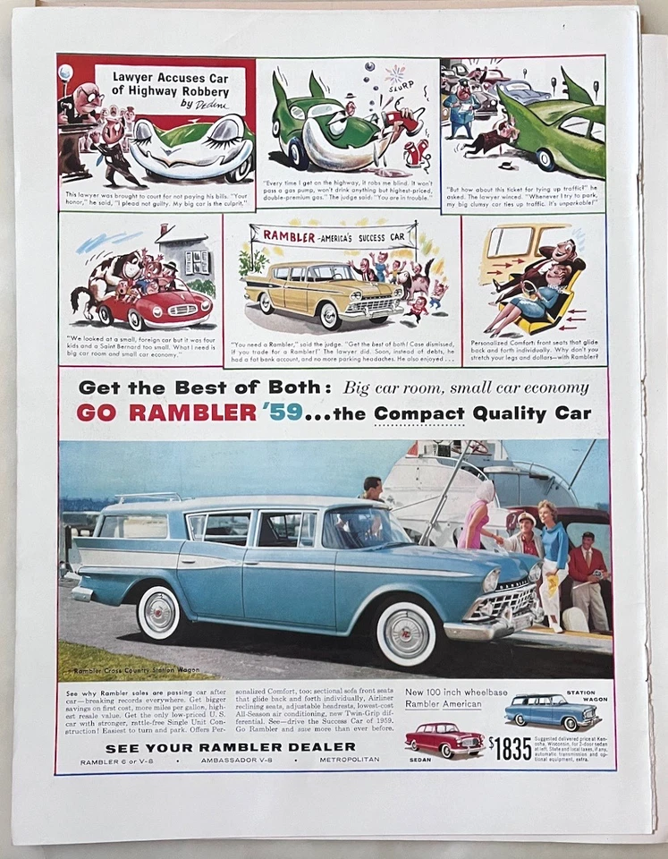 1959 magazine ad for Nash Rambler - Lawyer accuses cars of robbery, Dedini art - Image 1 of 1