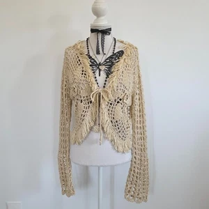 Cárdigan vintage beige crochet manga larga hada fairycore boho chic corbata delantera S - Imagen 1 de 8