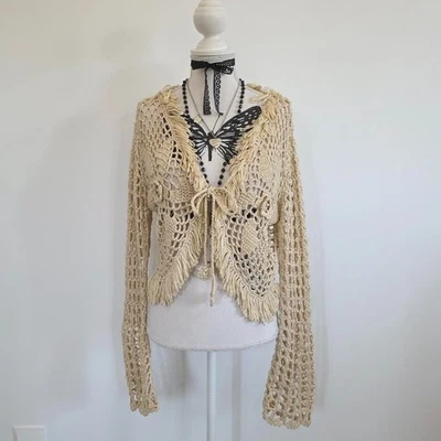 Cárdigan vintage beige crochet manga larga hada fairycore boho chic corbata delantera S Foto 1 de 4