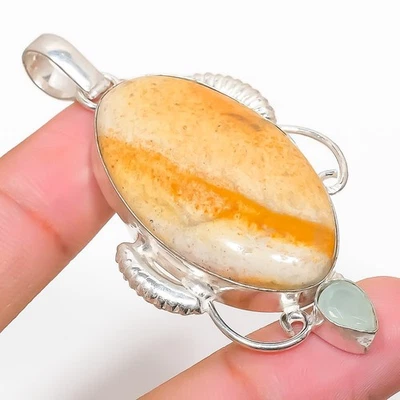 Pendente In Argento Sterling 925 Con Gemma Di Corallo Fossile E Calcedonio 2.56" - Immagine 1 di 4