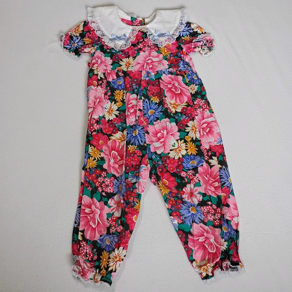 Disney Winnie the Pooh Vintage Floral Snap Romper With White Lace Collar Sz 24MO - Image 1 of 4