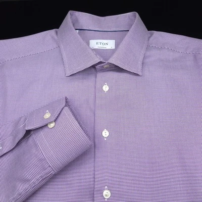 Eton DRESS Shirt -18 36 37 Purple White HOUNDSTOOTH Twill Slim Fit Contemporary - Image 1 of 4