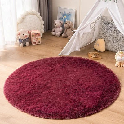Burgundy Fluffy Plush round Rug 4X4 Ft Furry Shag Circle Rug for Nursery Kids... - Image 1 of 2