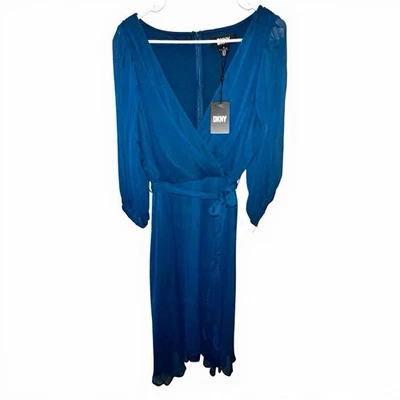 DKNY Women's Blue Teal 3/4 Sleeve Fit and Flare Midi Sheer Dress Size 14 NWT - Image 1 of 4