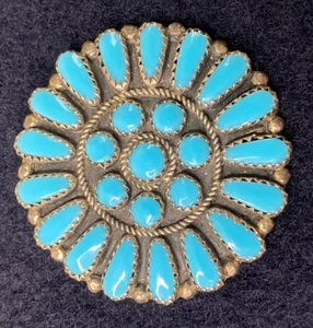 VINTAGE ZUNI PETIT POINT STERLING TURQUOISE PIN/PENDANT BROOCH SIGNED JPP - Picture 1 of 3