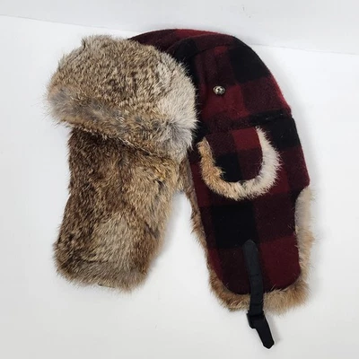 Mad Bomber Hat Trapper Fitted Mens Large Red Black Buffalo Plaid Rabbit Fur - Image 1 of 4