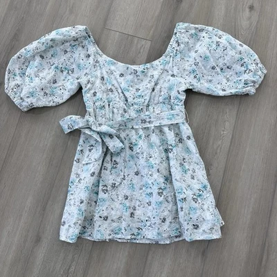 MINKPINK Volantes Ojalizado Fuera del Hombro Irwin Mini Vestido Floral Azul Verde Grande Foto 1 de 4